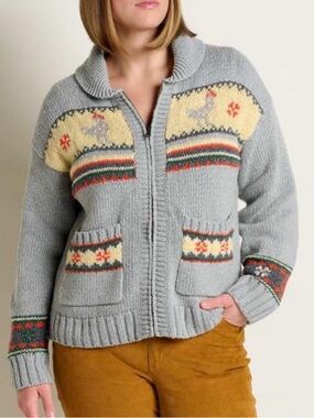 TOAD&CO nitsa zip cardigan in heather grey with Chickens Print